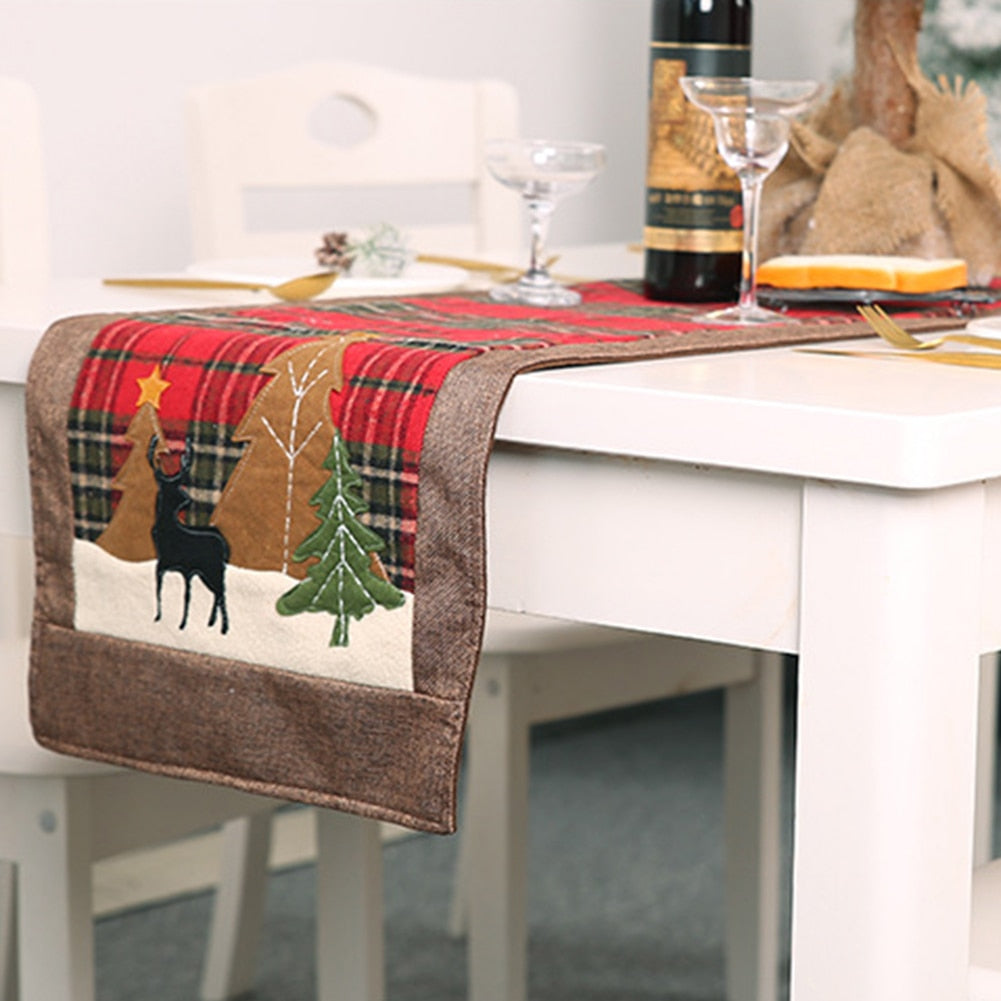 Christmas Tree Elk Printed Lattice Tablecloth Table Mat Cover Festival Decor tree and elk make your Christmas partys full loves