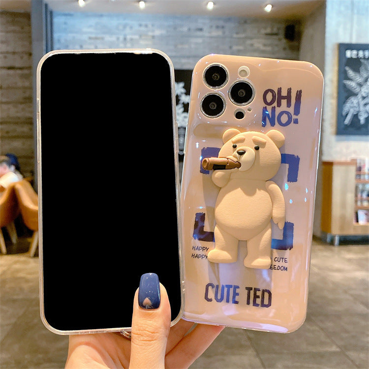 Three-Dimensional Blu-Ray Trend Brand Bear Suitable For iPhone13promax Mobile Phone Cover Apple 12/11 Silicone