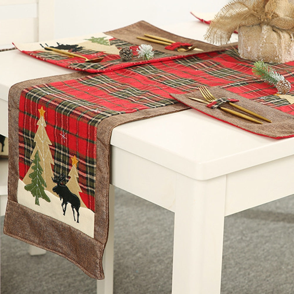 Christmas Tree Elk Printed Lattice Tablecloth Table Mat Cover Festival Decor tree and elk make your Christmas partys full loves